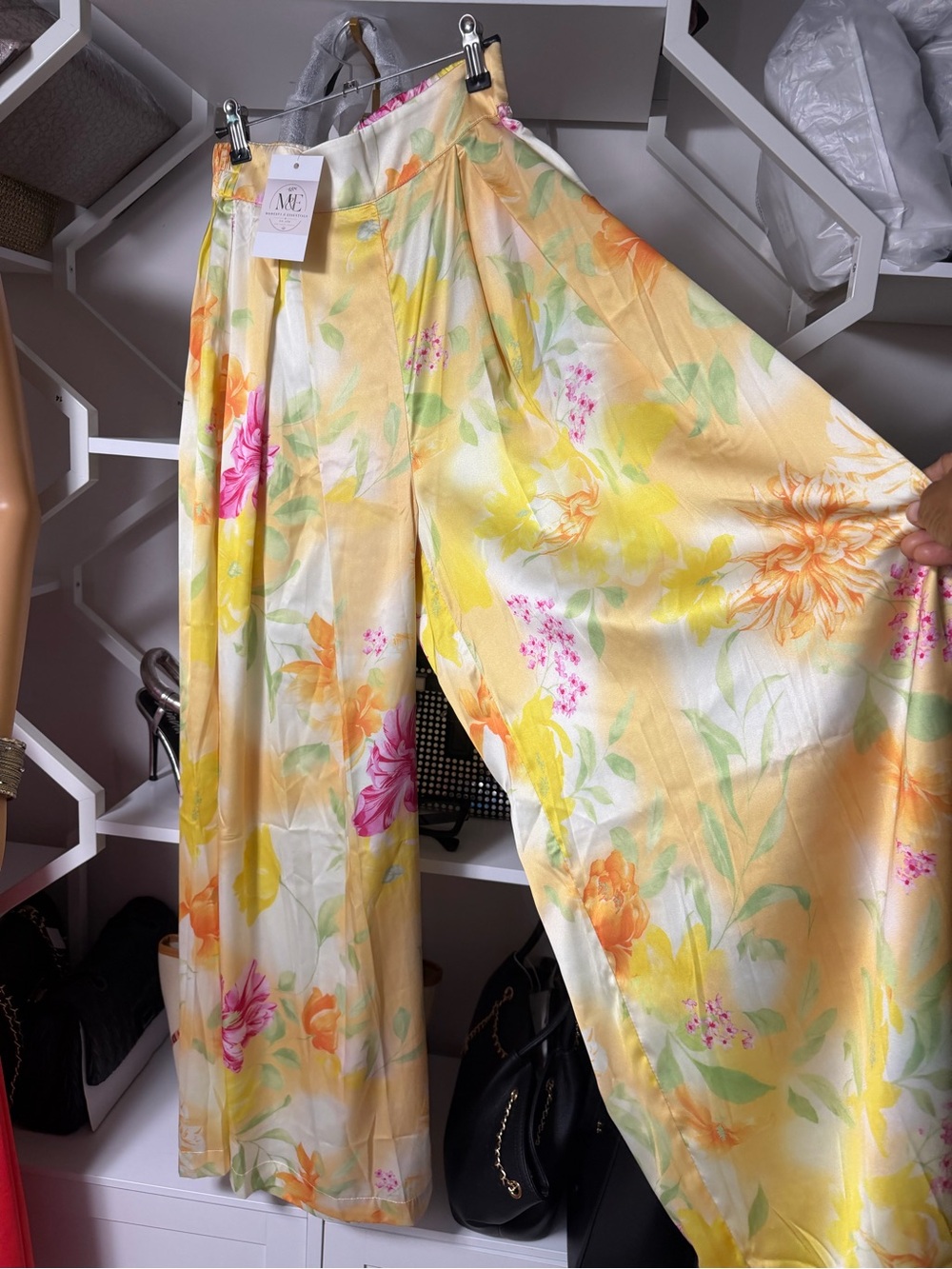 Floral Yellow Wide-Leg Satin Pants